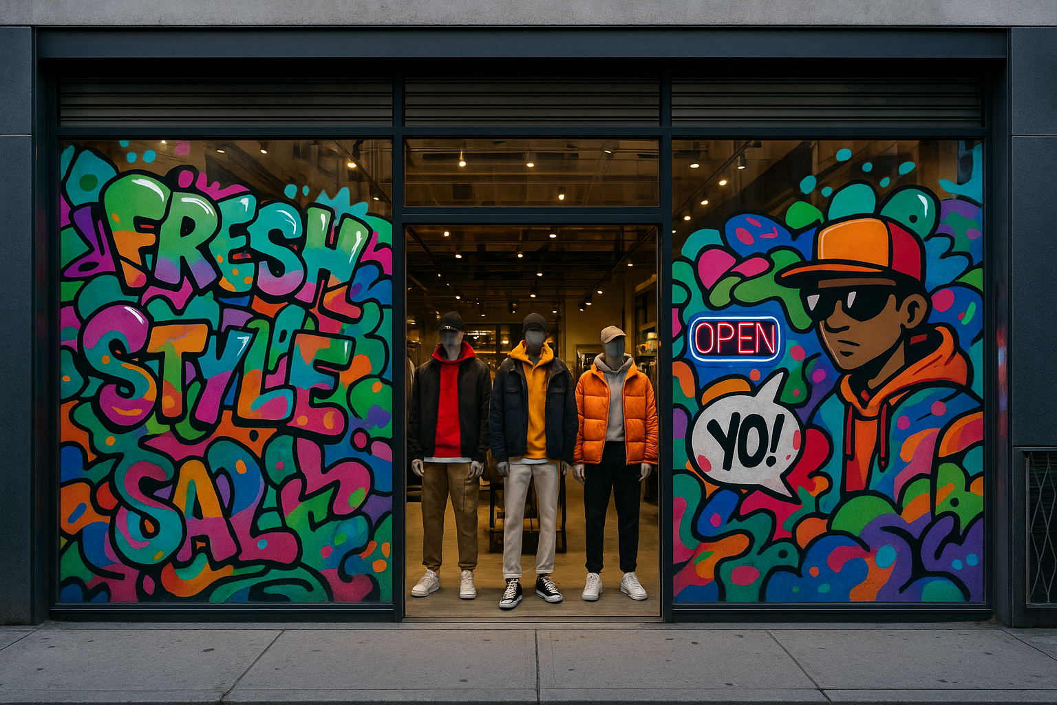 urban clothing store front with graffiti on windows